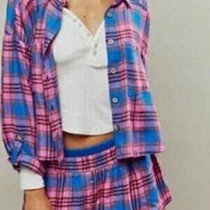 Free People Wrapped In Flannel Set Cropped Plaid Printed Top XL